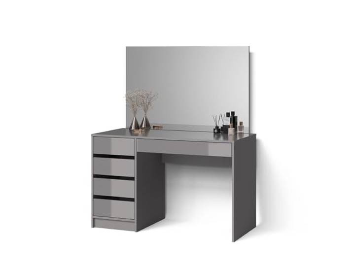 Livinity Schminktisch Imola, Grau 120 cm Spiegel · 5 Schubladen · Freistehend · Grifflose Optik · Geräumige Tischplatte