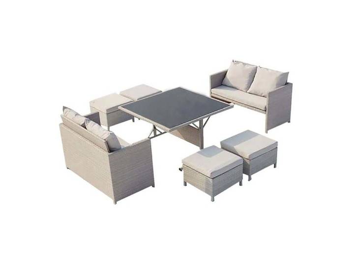 NOUMEA - Salon de jardin encastrable 8 places canapés et poufs en résine tressée gris clair