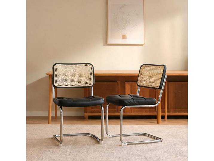 Chaise de salle à manger en similicuir et cannage structure chrome lot de 2 design mi-siècle moderne