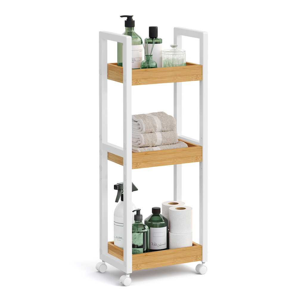 SONGMICS Badezimmerregal mit 3 Ebenen schmal platzsparend weiß-naturfarben BCB083N02