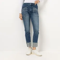 DINE 'N' DANCE Jeanshose große Fronttaschen mit Strasssteinen schmales Bein
