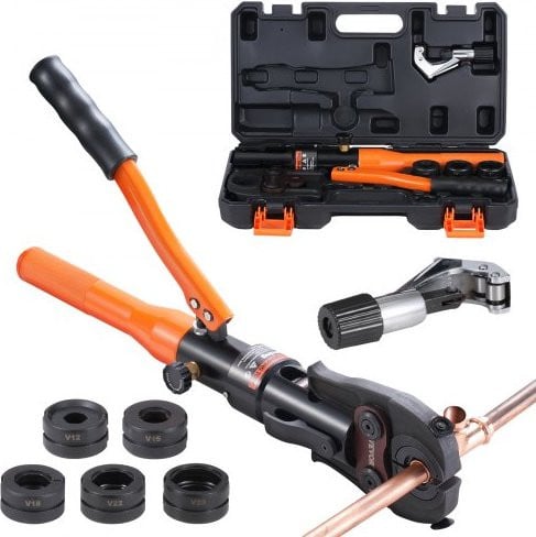 VEVOR Hydraulische pijpkrimptang voor koperen pijpverbindingen, oranje aluminiumlegering, met snelwisselbekken V12, V15, V18, V22, V28 en 360 graden draaibare persset