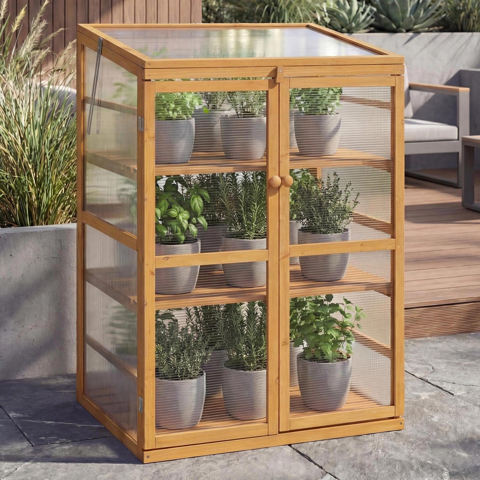 Gewächshaus MCW-Q13, Treibhaus Anzuchthaus Frühbeet Fenster verstellbar Holz MVG-zertifiziert 110x76x57cm ~ natur