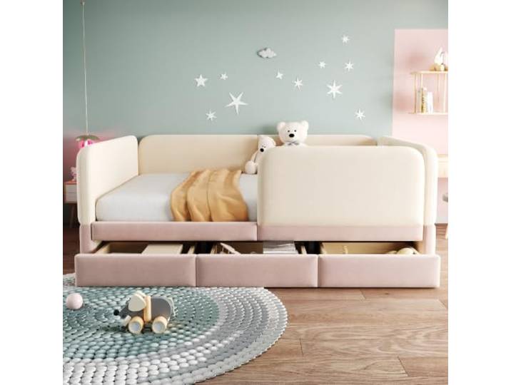 Bellemave Polsterbett Kinderbett 140x200 cm,mit Schubladen,Samt Beige-Rosa mit Abgerundete Schutzkanten, stabiler Innenrahmen, praktische Stauraumlösung, für Kinderzimmer geeignet