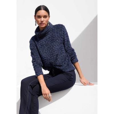 Langarmshirt MADELEINE "Shirt Flauschiges Sweatshirt mit Rollkragen", Damen, Gr. 46, blau (marine, silberfarben), Modern, comfort fit, Rollkragen, Shirts Langarmshirt