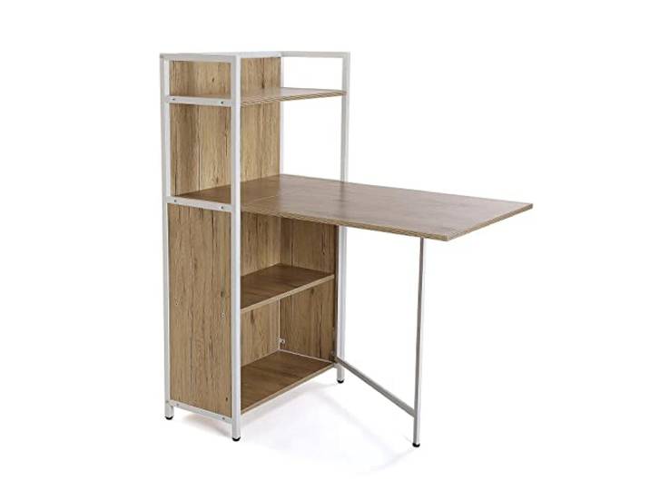 Versa Blumenau Esstisch mit Regal für Küche, Terrasse, Garten oder Esszimmer, Klappbare Arbeitsplatte, Maßnahmen (H x L x B) 120 x 30 x 62 cm, Holz, PVC und Metall, Farbe: Braun und Weiß