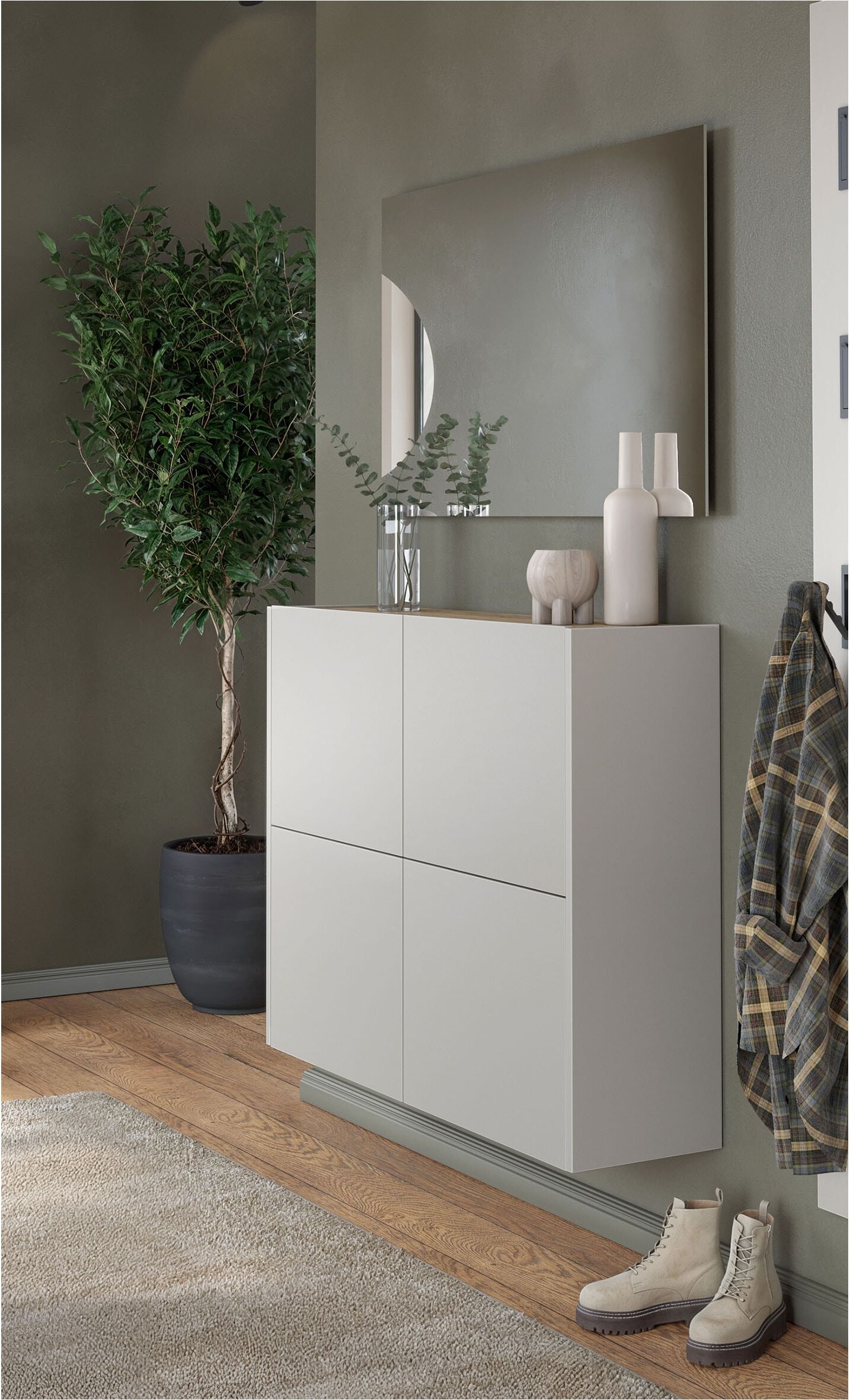 Garderoben-Set GERMANIA "GW-Binetto", beige (kaschmir, navarra, eiche, nachbildung), B:97cm H:200cm T:27cm, Glas, Holzwerkstoff, Kastenmöbel-Sets, Garderoben-Set, mehrteiliges Set mit Schuhschrank und eckigem Spiegel kaschmir, navarra, eiche, nachbildung 