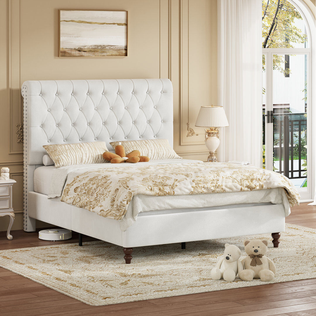 17 Stories Velvet Upholstered Bed With Deep Button-tufted Rolled-edge Headboard White Double (4'6)
