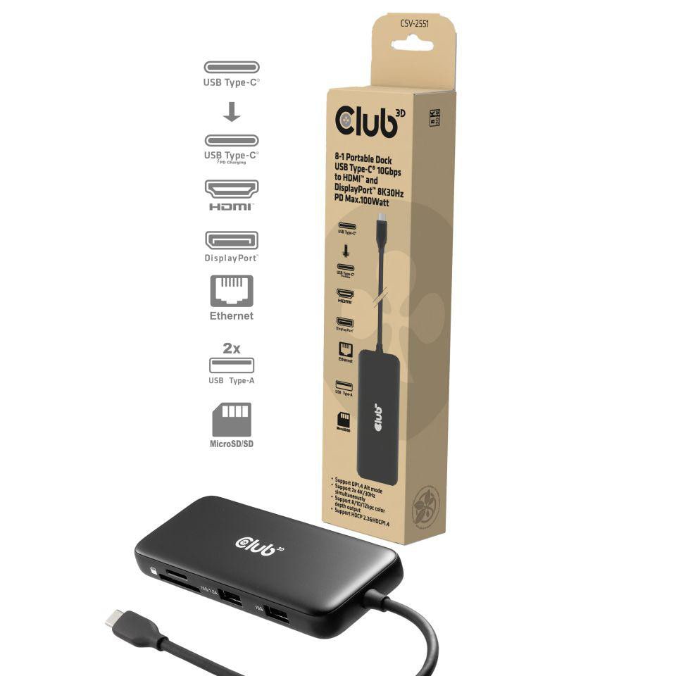 Club 3D 8-1 Tragbare USB Type-C Dock 10 Gbit/s auf HDMI und DisplayPort 8K30Hz PD