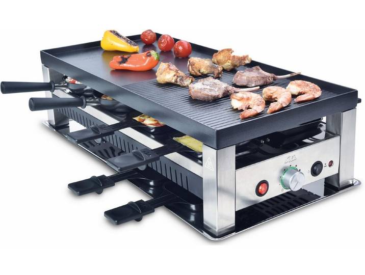 SOLIS OF SWITZERLAND Raclette Typ 791, 8 Raclettepfännchen, 1400 W, 5in1: Raclette, Tischgrill, Crépe, Mini Wok, Pizza