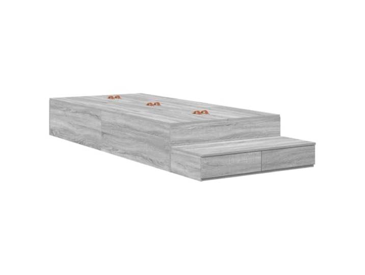 PUGYNBK Aufbewahrungsbett, Grau, Sonoma, 90 cm, technisches Holz Massives Kiefernholz, Schubladen und Türen, Ledergriffe, ohne Lattenrost, innen