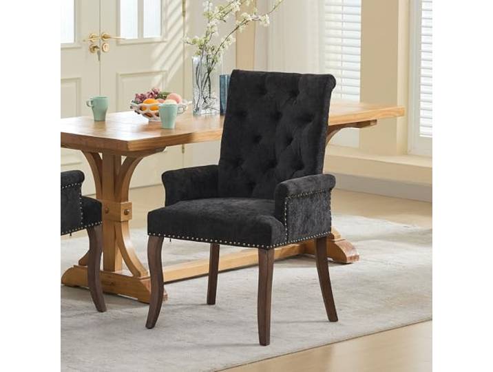 Bellemave Esszimmerstuhl mit Armlehnen,Chenille,Massivholz,Anthrazitgrau Chenille-Bezug,gebogene Massivholzbeine,Armlehnen,dekorative Nieten,einfache Montage,geeignet für Esszimmer,Küche,Wohnzimmer