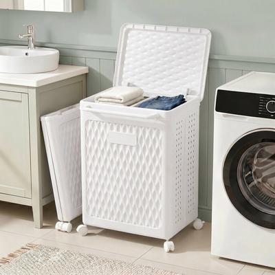 Javlergo Rolling Laundry Hamper with Lid & Brakes 100L Dual Compartment Plastic Storage Cart with Wheels for Bathroom