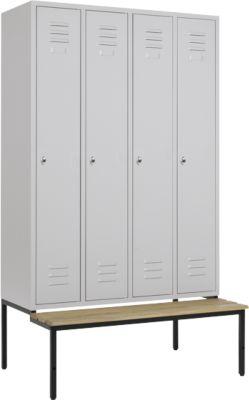 Schäfer Shop Select Kleiderspind, 4 Abteile mit jeweils B 300 mm, Drehriegelverschluss, mit Sitzbank, Tür lichtgrau