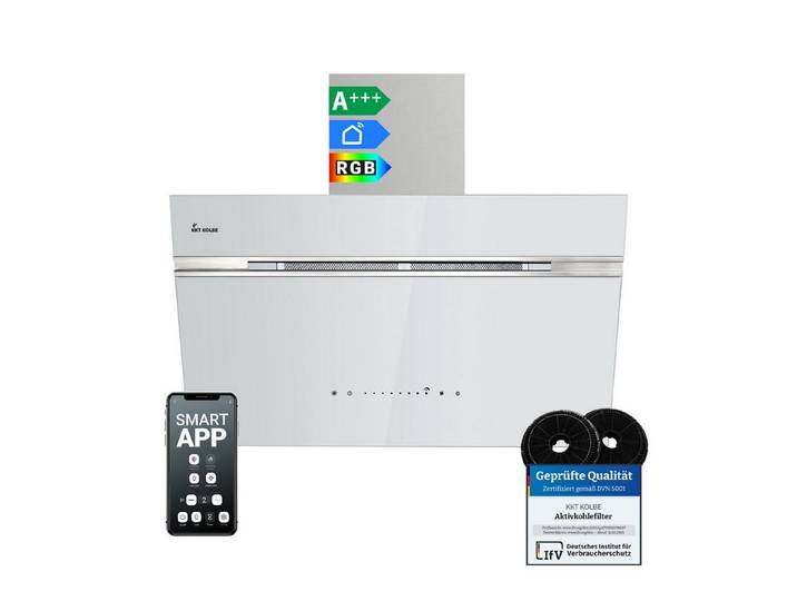 KKT KOLBE Wandhaube Dunstabzugshaube 80cm AURORA8005WED RGBW Ambientebeleuchtung Kopffreihaube / Umluft / Abluft / Smart WiFi-App / Weiß / Glas