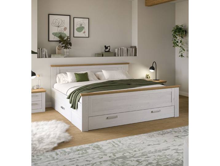 Stauraumbett HOME AFFAIRE COSENZA, Breite 189cm, im Landhausstil, 3 Schubkästen , weiss (sibiu lärche nachbildung, artisan eiche nachbildung, sibiu lärche nachbildung, artisan eiche nachbildung, sibiu lärche nachbildung, artisan eiche nachbildung), B:189cm H:90cm L:209cm, Betten, Stauraumbett, Bett, Kastenbett, Bettgestell, Schlafzimmer, Schlafen