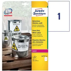 Avery Zweckform Wetterfeste Folien-Etiketten »L4775-20« permanent einfarbig 210 x 297 mm 20 Stüc weiß
