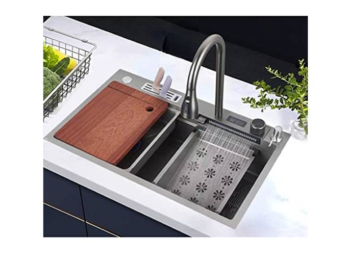Einschalen-Küchenspüle 304 Edelstahl, Intelligenz Wasserfall Becken Spüle, Spüle Arbeitsplatz Küchenspüle Mit Ausziehbarem Wasserhahn (Color : Grigio, S : 75x46cm)