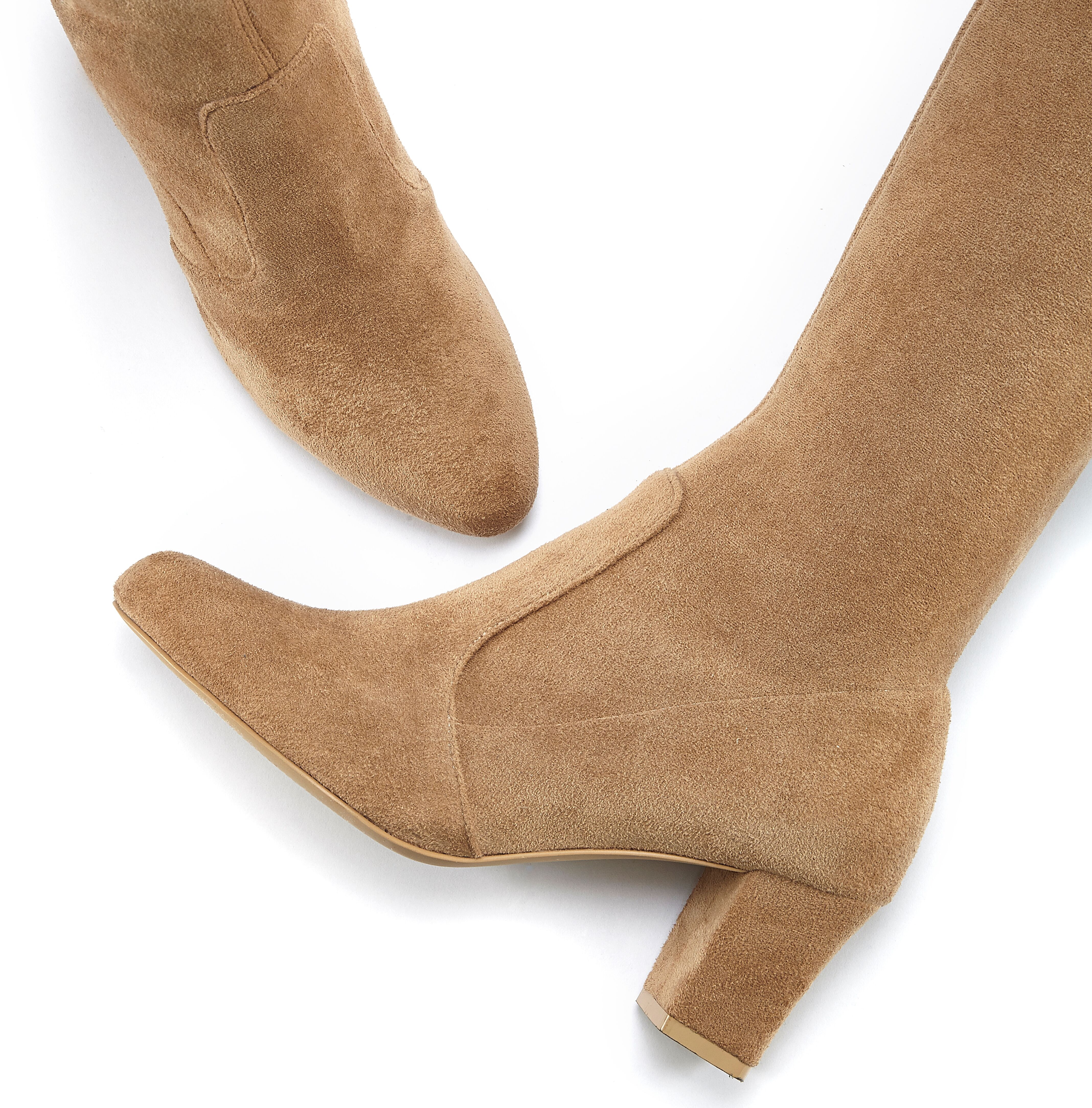 Overkneestiefel LASCANA "Slouchy Boots, Langschaft Stiefel, Schlupf-Boot", Damen, Gr. 40, Textil, Varioschaft, braun (sand), Obermaterial: 100% Textilmaterial. Decksohle: 100% Lederimitat. Futter: 100% Textilmaterial. Laufsohle: 100% Synthetik, unifarben,