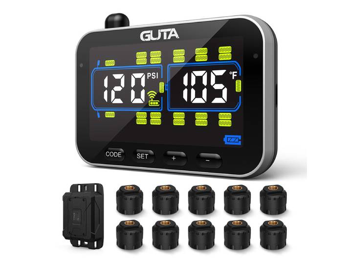 Système de surveillance de la pression des pneus pour VR/remorque GUTA avec 10 capteurs, surveillance en temps réel 0-188 PSI, 6 alarmes, écran couleur LCD, répéteur, communication longue distance, prend en charge jusqu’à 24 pneus, GT20C+10GS02+GB30