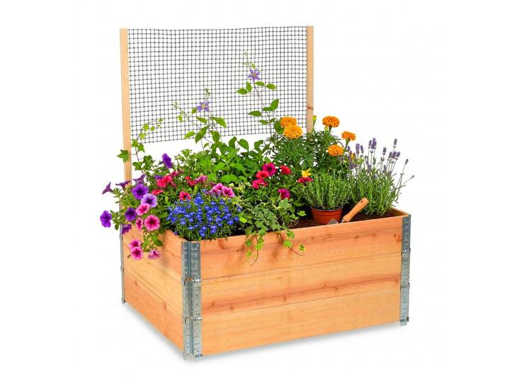 Relaxdays Hochbeet Natur Tannenholz mit Rankhilfe 3-Module, Hellbraun, Holz, Kunststoff, Metall, 120x118x80 cm, Gartenzubehör, Hochbeet