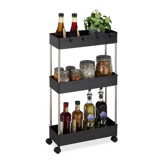 Relaxdays Keukentrolley met 3 etages, zwart, H 70 x B 15,5 x D 40,5 cm