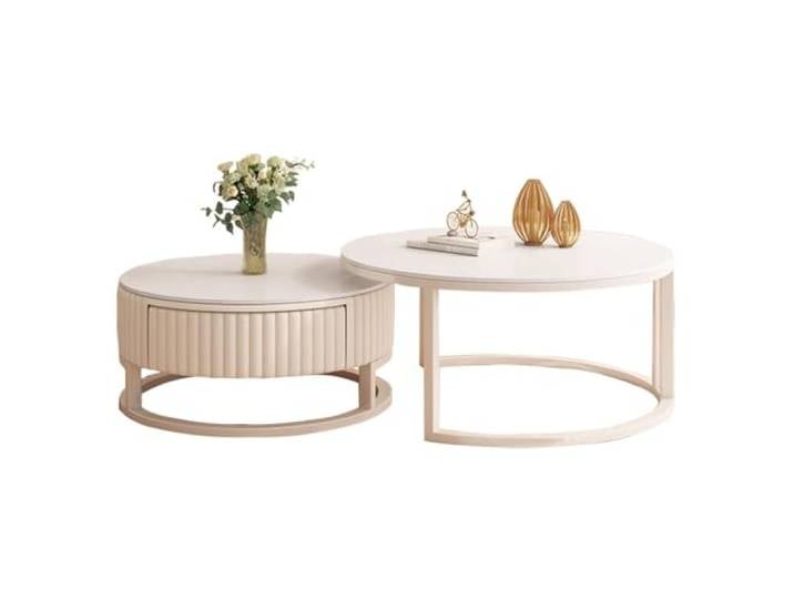 HRXQ Runder Couchtisch Weiß Wohnzimmertisch Mit Stauraum, 50cm+70cm Moderne Couchtisch Rund 2er Set Satztische Kaffeetisch Für Wohnzimmer, Balkon Und Büro