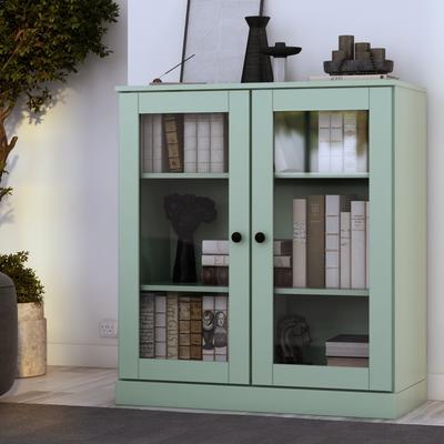 "Palace Imports Solid Wood Short Clear Glass 3-Shelf Bookcase, 32"" W"