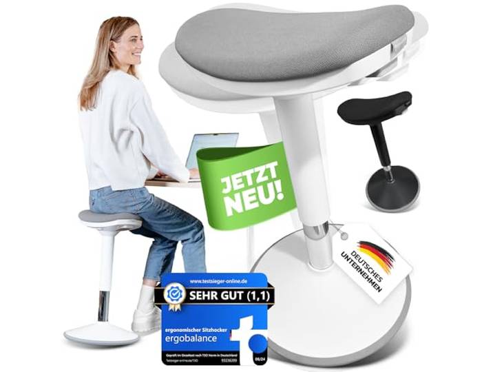 ergobalance Ergonomischer Bürohocker [2 Sitzpositionen] höhenverstellbarer Sattelhocker [48–63 cm] Sitzhocker für aktives Sitzen Rutschfester Standfuß