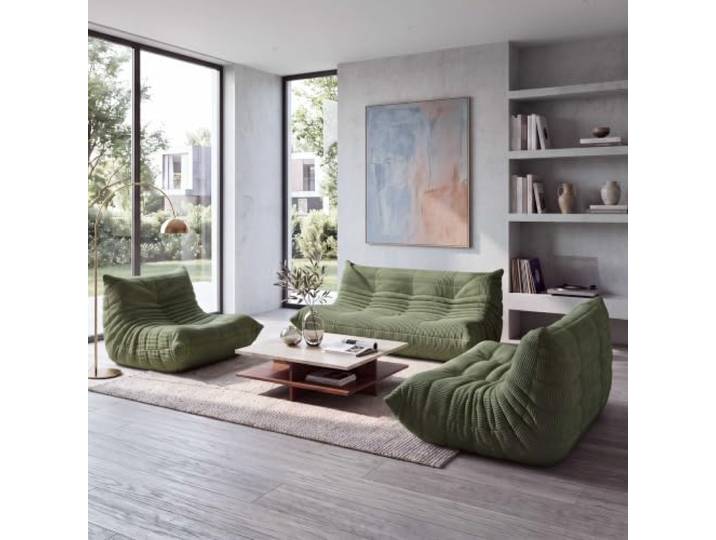 Mendler Sofa-Garnitur HWC-R34, 3-/2-Sitzer Sessel Stoff Cord (300g/m²) - grün