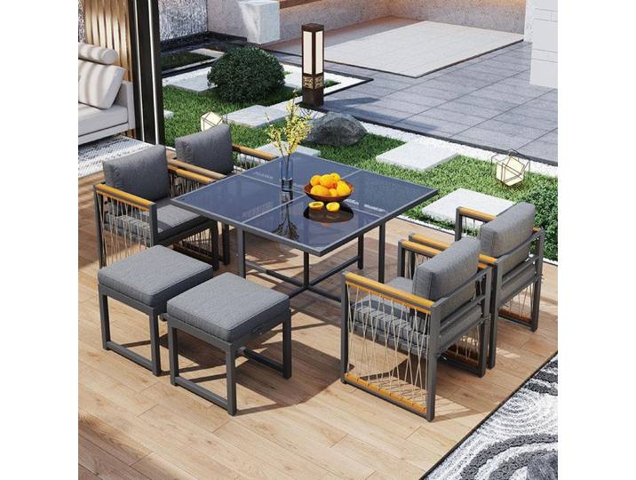 Salon de jardin Ensemble de 7 pièces - comprenant une table et des chaises d'extérieur pour 6 personnes Gris