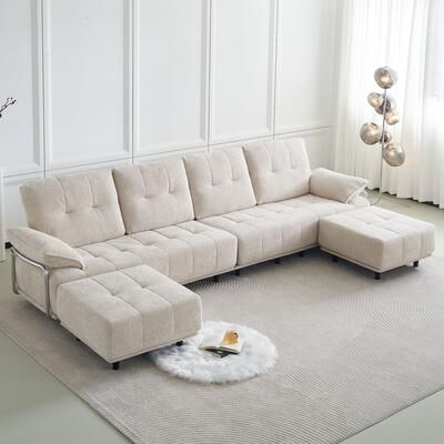 Abrihome "141.73"" U-Shaped Chenille Sectional Sofa with Metal Armrests and Ottomans"