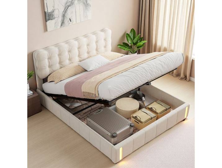 Lit capitonné 160x200 cm cadre de lit double avec capteur lumineux rangement velours beige