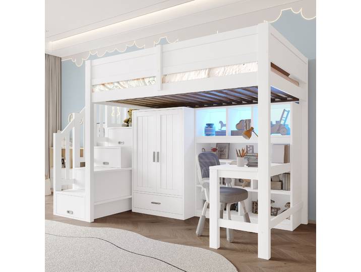 Lit Chambre Adulte 90x200 Rangement Bureau Bois Blanc Havrya