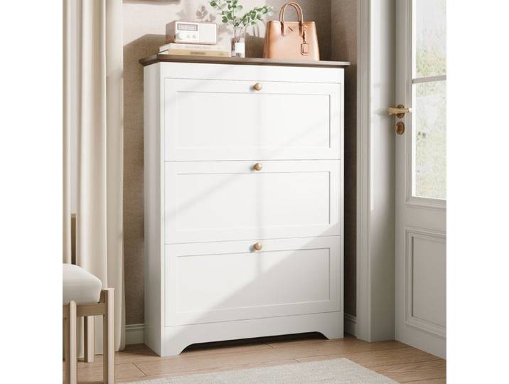Meuble à chaussures à 3 volets étagère à chaussures étroit armoire à chaussures pour L'entrée poignées rondes 87x26x120 cm blanc