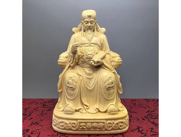 Statue de Wenchang Dijun sculptée en buis - Dieu de la littérature et de la sagesse pour le succès d'étude, l'autel à domicile et la bénédiction du bureau d'étudiant, Figuri