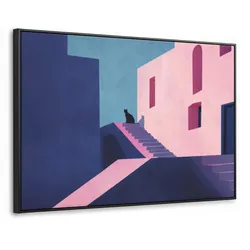 LEINWAND Bilder mit Rahmen - Katze - Treppe - Gebäude - Schattenkontraste - 120x80