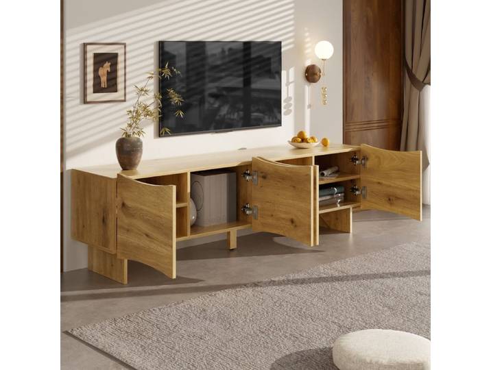 Armoire de télévision moderne avec motif ondulé – console de médias de 155 cm avec espace de rangement quatre portes et câbles en