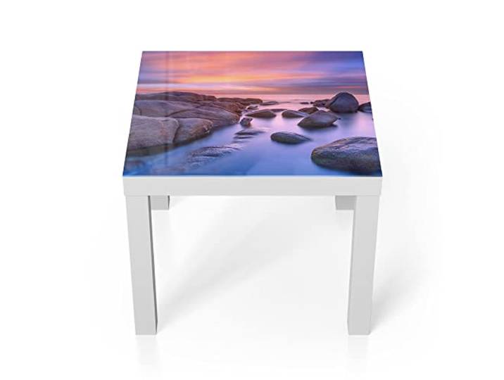 DEQORI Glastisch weiß klein 55x55 cm Motiv Küstenfelsen in Abendröte ausgefallener Beistelltisch aus Glas Hochglanz Couchtisch fürs Wohnzimmer moderner Couch Tisch mit Design