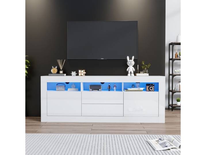 Meuble TV Blanc Haut Brillant avec Eclairage LED 2 Portes 2 Tiroirs Compartiments Armoire TV 160cm