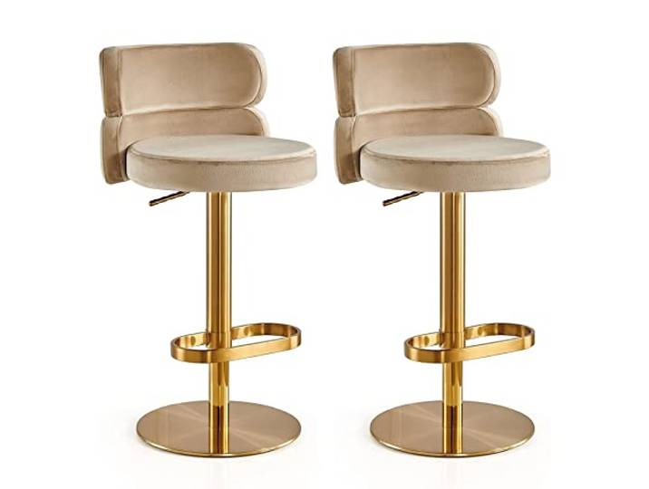 Verstellbare Drehbare Barhocker aus Samt 2er-Set, Barhocker Mit Rückenlehne, Armlose Küchentheke, Hohe Barstühle, Edelstahl, Titangold, for Esszimmer, Offene Küche, Frühstück ( Color : Gold , Size : C