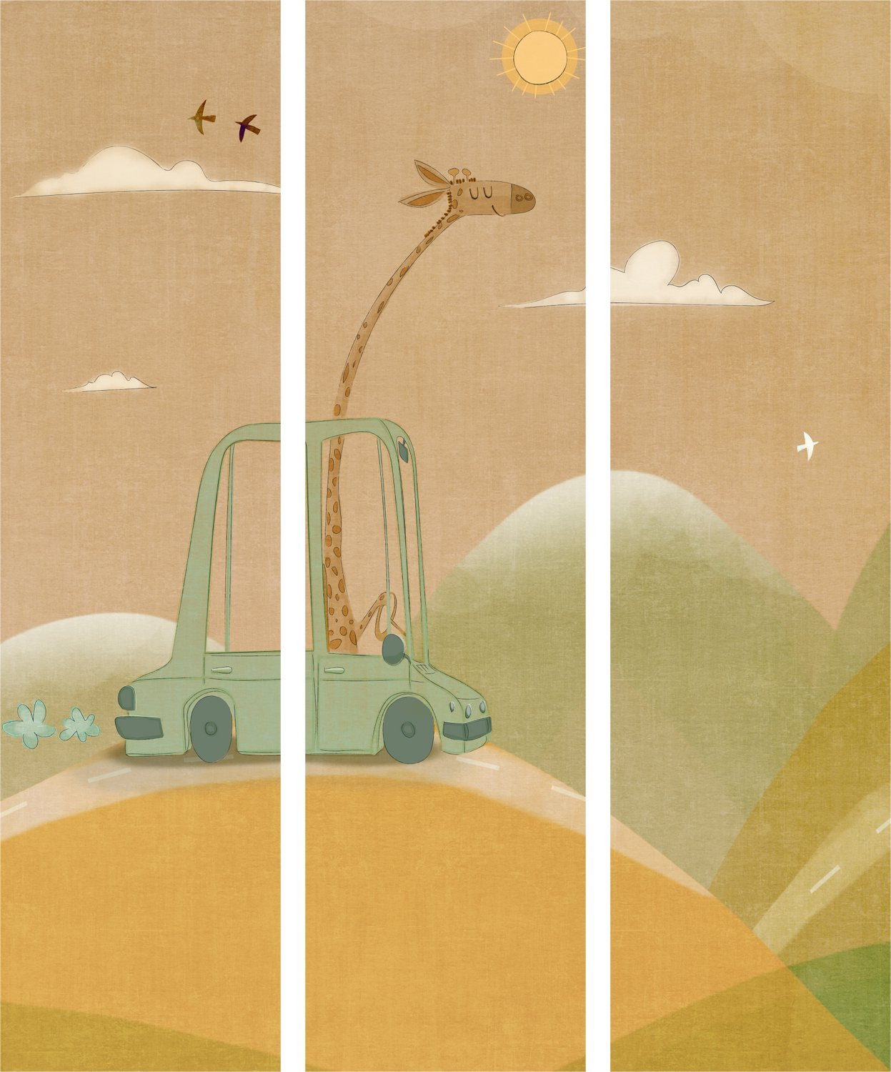 Akoestisch Kamerscherm Dreamy Traveler Giraffe Driving a Car - 3-delig - Geluidsabsorberend - Houten Frame - Hoogte: 172 cm