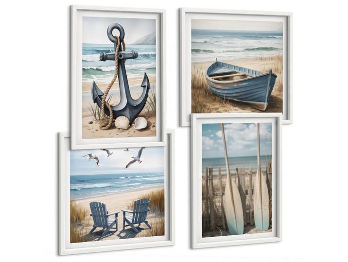 Tulup Bilder SET 4er Set - 50x50 cm & 40x60 cm Weißer Rahmen - Anker, Boot, Ruder, Strand, Kunststoff, Rechteckig, 50x50 cm, Fotografie, Bilder & Rahmen, Bilder