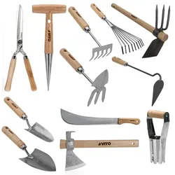 Set 12 Gartengeräte Holzstiel Edelstahl und Eisen handgeschmiedet hohe traditionelle Qualität VITO