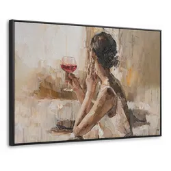 LEINWAND Bilder mit Rahmen - Ölgemälde - Frau - Wein - 150x100