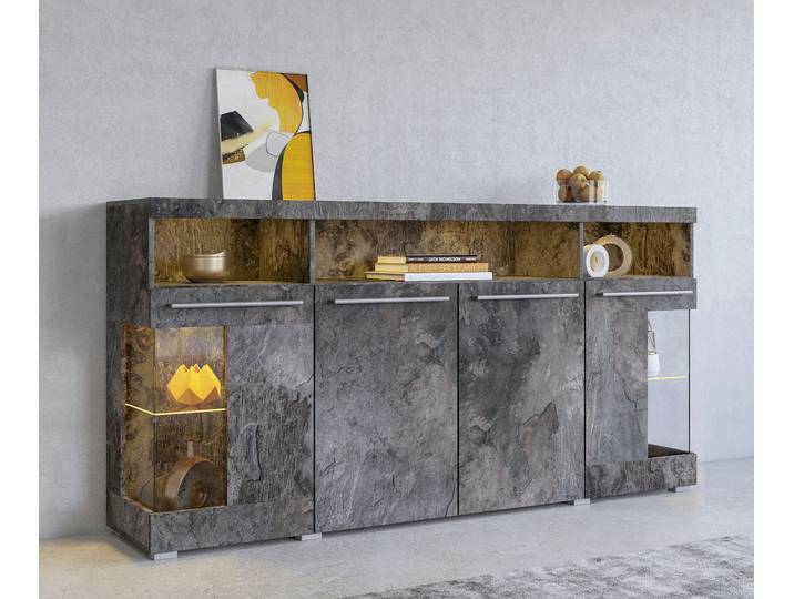 Sideboard OTTO HOME India,Breite 182cm, stilvolle Kommode mit Glastüren , schwarz (schiefer, schiefer), B:182cm H:92cm T:38,5cm, Sideboards, Sideboard, Kombikommode viel Stauraum, Einlegeböden verstellbar,ohne Beleuchtung