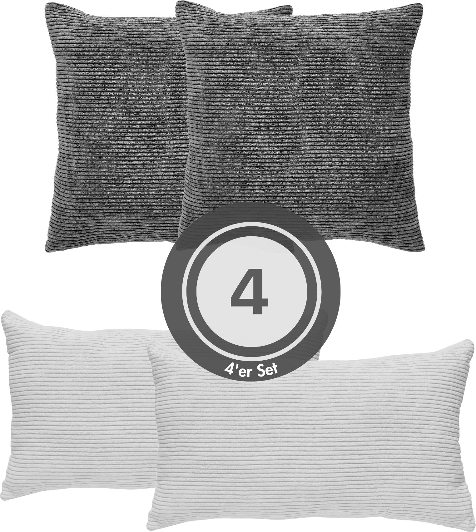 Dekokissen ANDIAMO "Cord Kissen Emy, 4er Set, Kissenhülle mit Füllung", grau (dunkelgrau, weiß, cord unifarben), H:12cm, Polyester, Dekokissen_Sitzkissen_Kissenhüllen, Dekokissen, Sofakissen, eckig, 40x40 & 30x50 cm, auch einzeln erhältlich