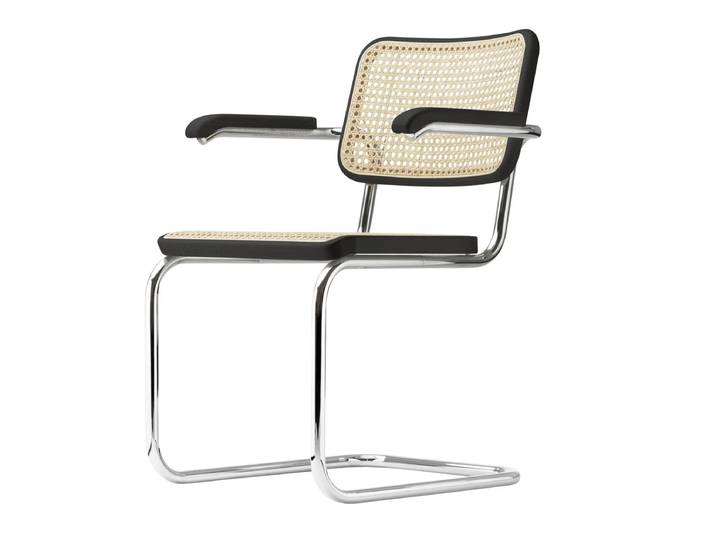 Thonet - S 64 V Armlehnstuhl, Chrom / Buche schwarz gebeizt (TP 29) / Rohrgeflecht mit Kunststoffstützgewebe