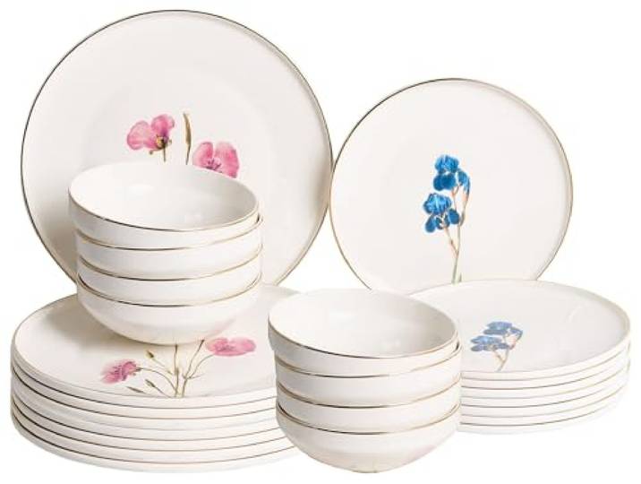 Beliani Tafelservice 24-teilig Weiß Porzellan Klassisch für Blumen Keramik, Rund, Glasur, Benötigt keine Montage, 27 x 27 x 2 cm