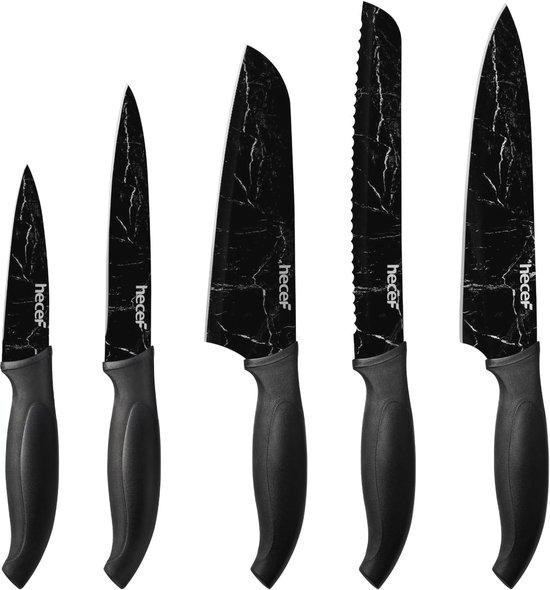 Set van 5 scherpe roestvrijstalen kookmessen met marmerlook, zwart